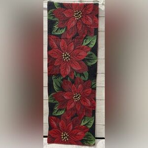 Vintage Christmas Poinsettia Tapestry Table Runner Red Black 68” x 12” Holiday